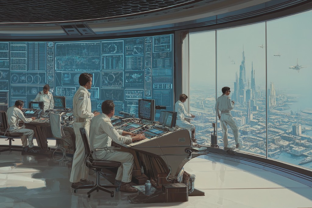 Futuristic control room with data displays and city view